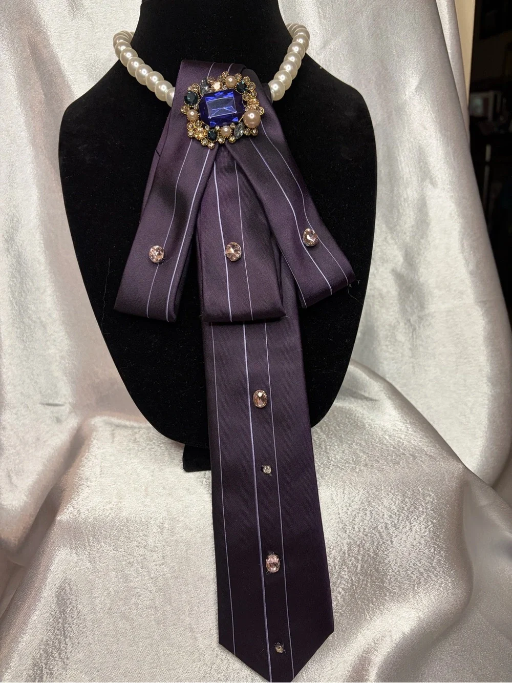 Calvin Klein Purple Pinstripe Tie with Gem Brooch